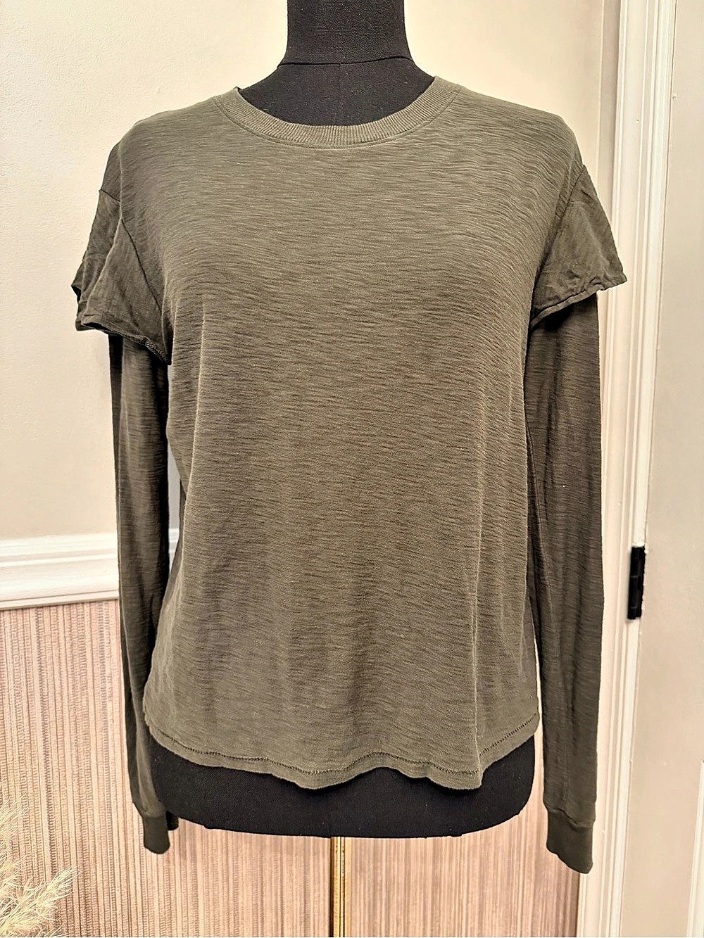 Nation LTD Olive Green Pima Cotton Layered Ruffle Sleeve Top Small